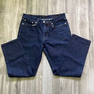 Men’s dark wash straight jeans.
